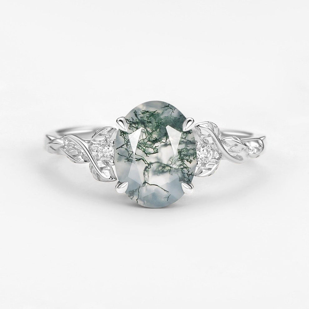 Clover Oval Shaped Moss Agate Leafy Wedding Engagement Ring.