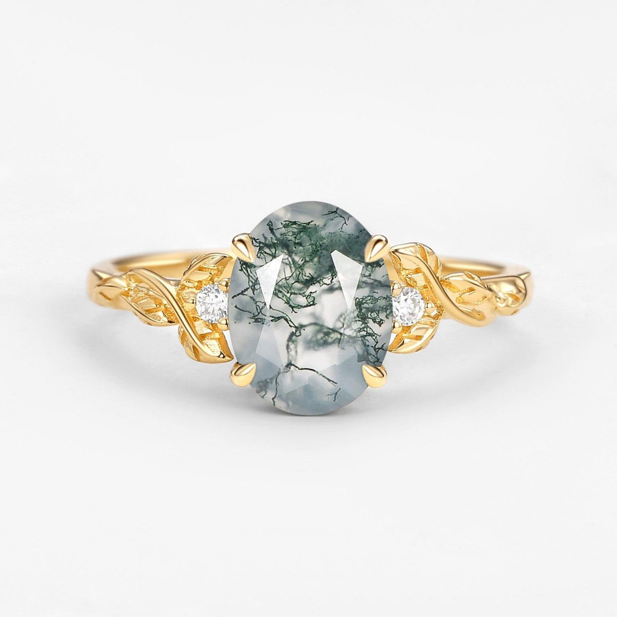 Clover Oval Shaped Moss Agate Leafy Wedding Engagement Ring.