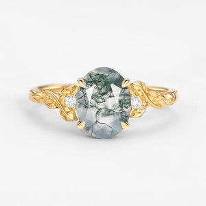 Clover Oval Shaped Moss Agate Leafy Wedding Engagement Ring.