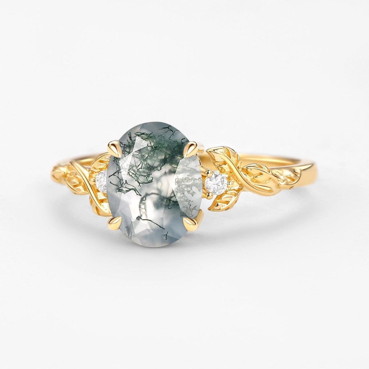 Clover Oval Shaped Moss Agate Leafy Wedding Engagement Ring.