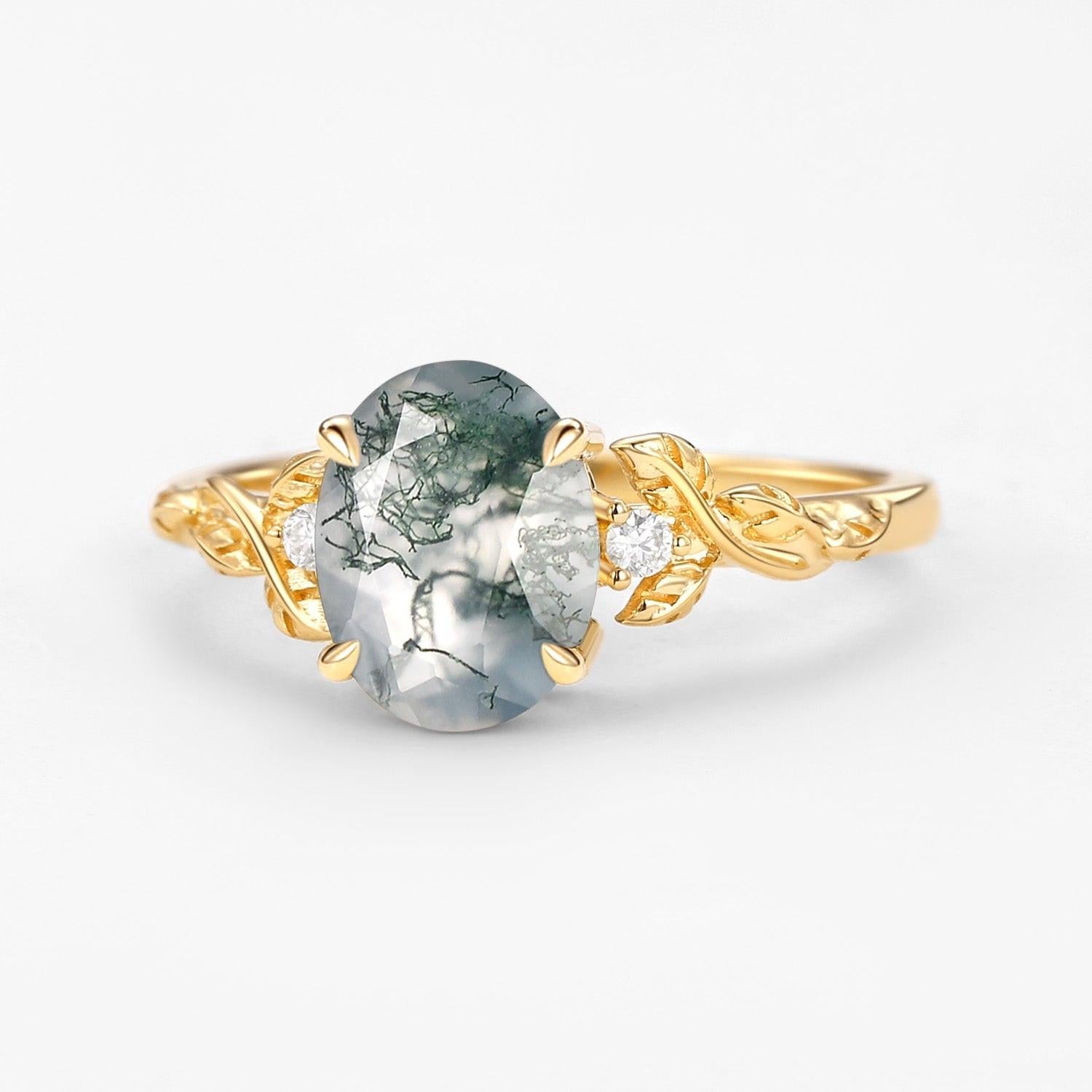 Clover Oval Shaped Moss Agate Leafy Wedding Engagement Ring.