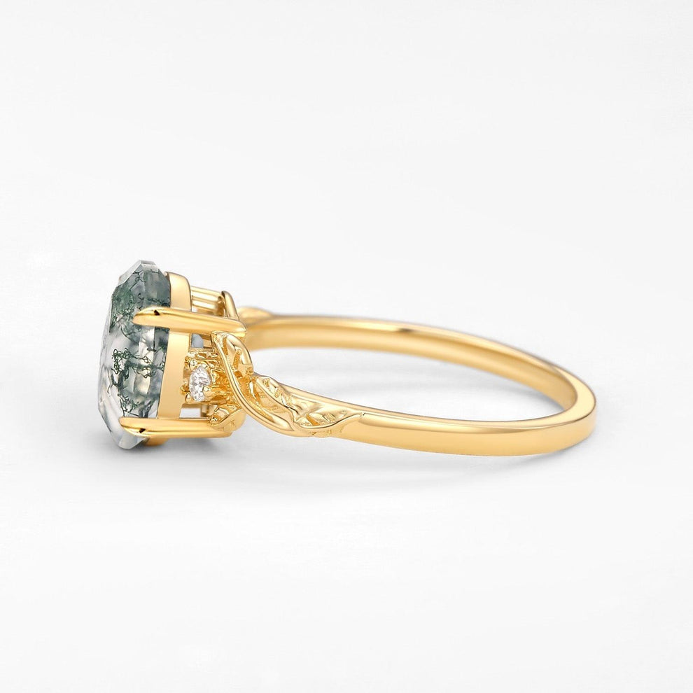 Clover Oval Shaped Moss Agate Leafy Wedding Engagement Ring.