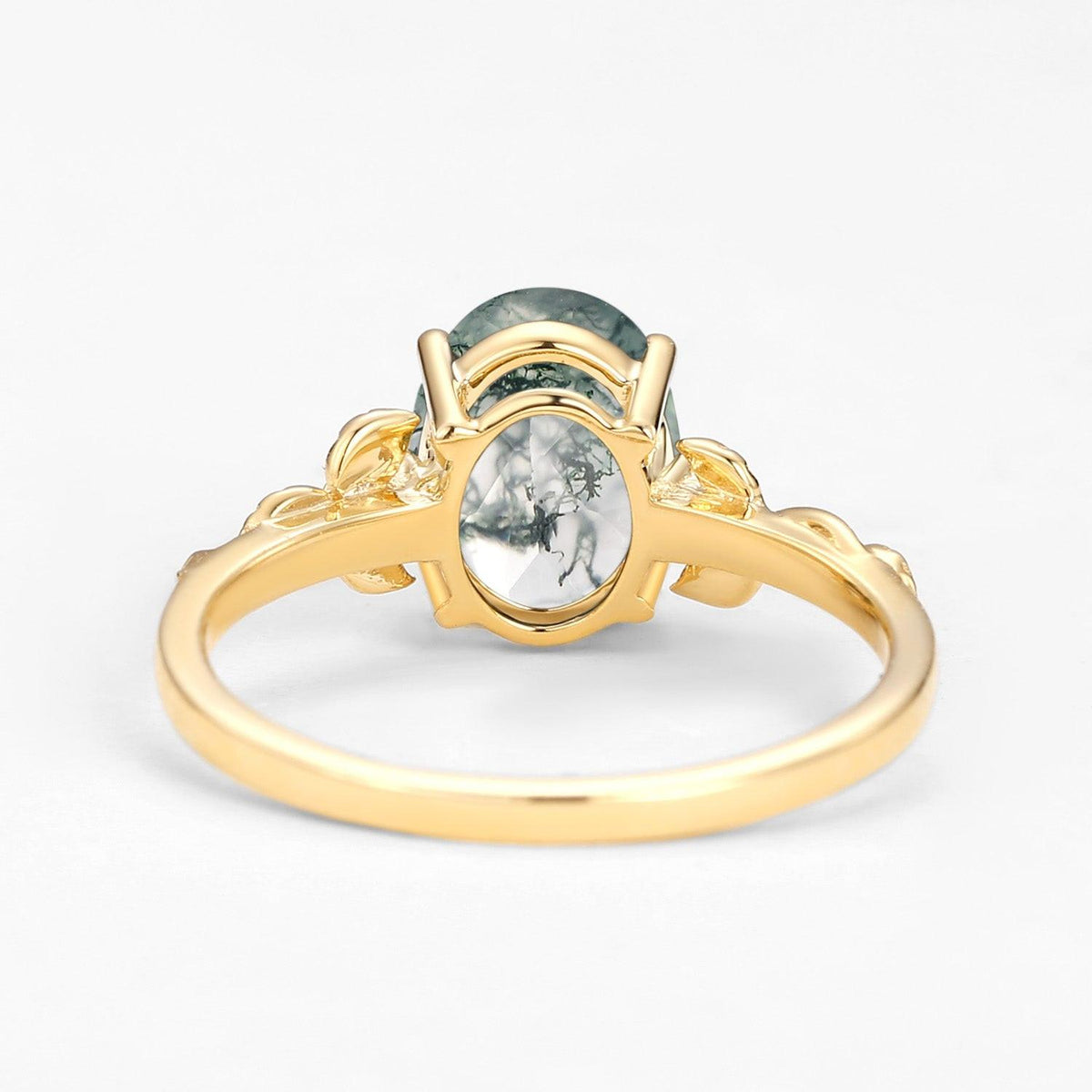 Clover Oval Shaped Moss Agate Leafy Wedding Engagement Ring.