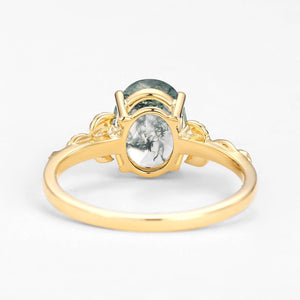 Clover Oval Shaped Moss Agate Leafy Wedding Engagement Ring.