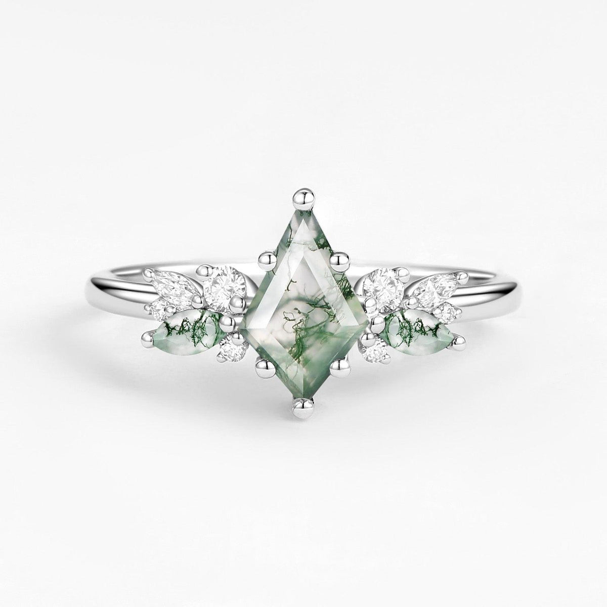Lavinia’s Sprig | Classic Kite Cut Moss Agate Engagement Ring.
