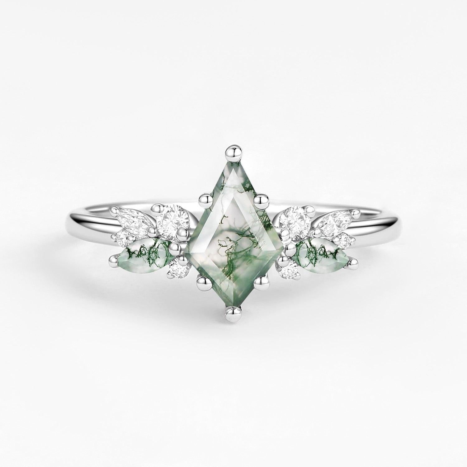 Lavinia’s Sprig | Classic Kite Cut Moss Agate Engagement Ring.