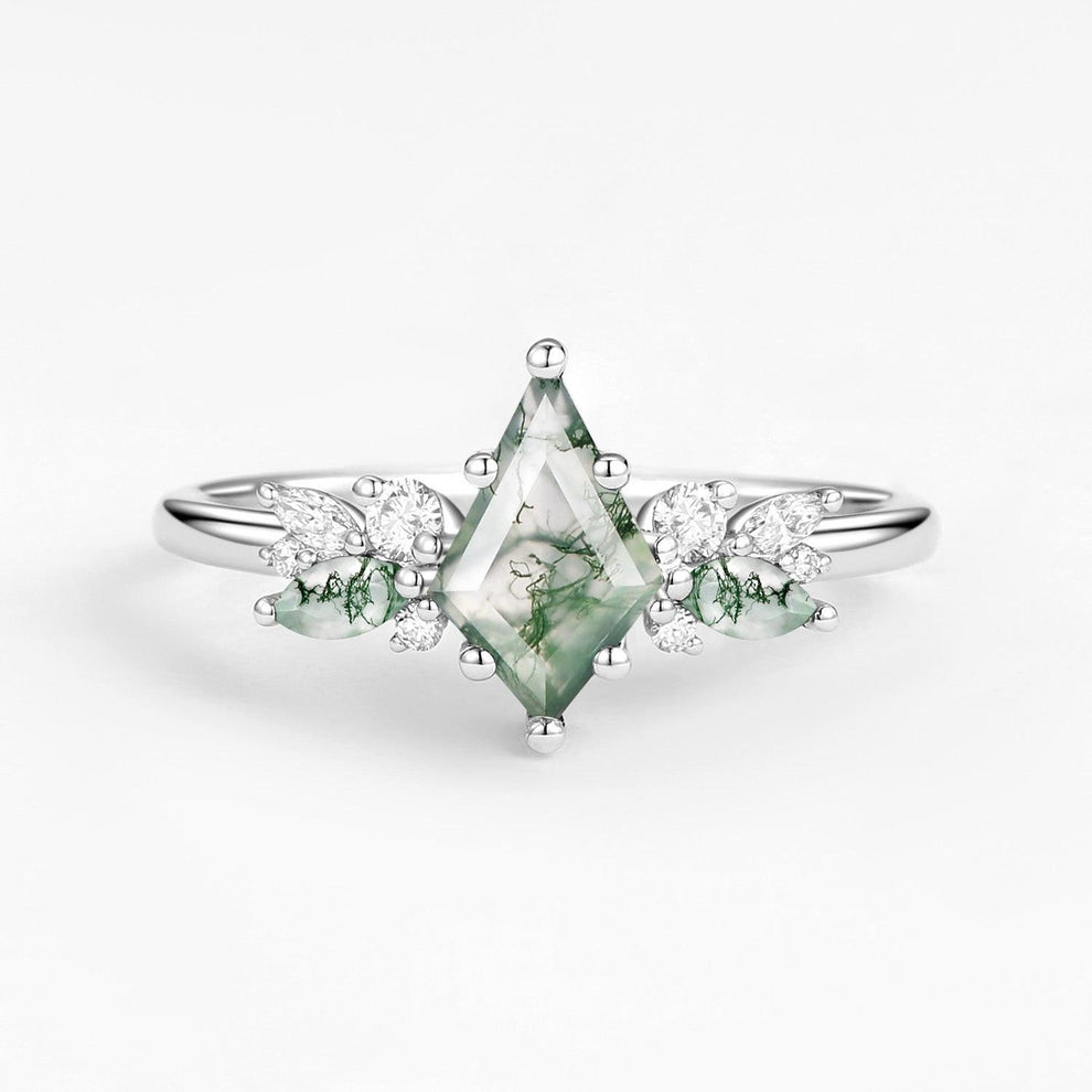 Lavinia’s Sprig | Classic Kite Cut Moss Agate Engagement Ring.