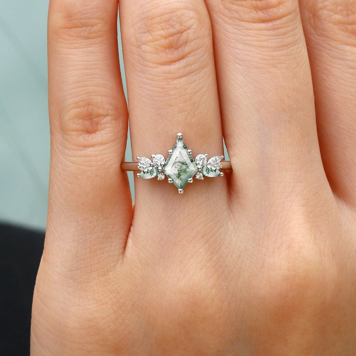 Lavinia’s Sprig | Classic Kite Cut Moss Agate Engagement Ring.