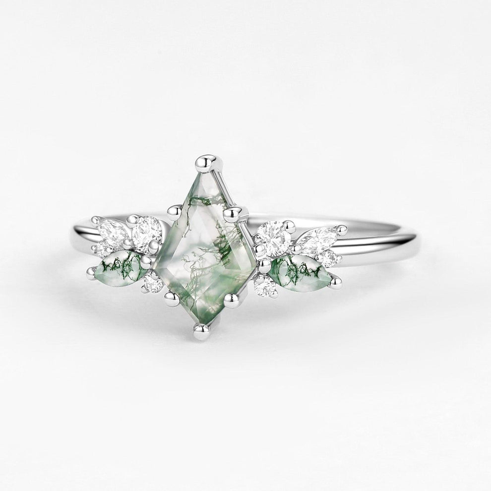 Lavinia’s Sprig | Classic Kite Cut Moss Agate Engagement Ring.