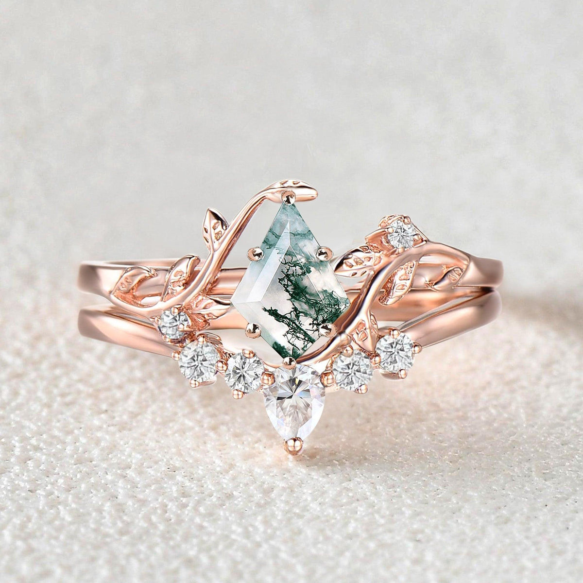 Willow Jewelry Sets Nature Inspired Unique Kite Cut Moss Agate Leafy Ring & Necklace & Earrings Sets 5PCS.