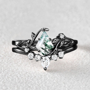 Kite Glade | Moss Agate Leafy Black Gold Bridal Set 2pcs.