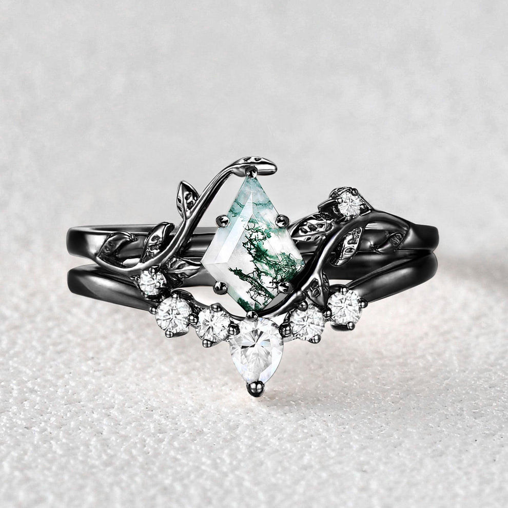 Kite Glade | Moss Agate Leafy Black Gold Bridal Set 2pcs.