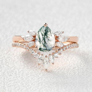 Fairy Ring - 1.5ct Pear Shaped Moss Agate Butterfly Cluster Ring Set 2pcs