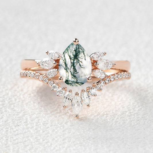 Fairy Ring - 1.5ct Pear Shaped Moss Agate Butterfly Cluster Ring Set 2pcs.