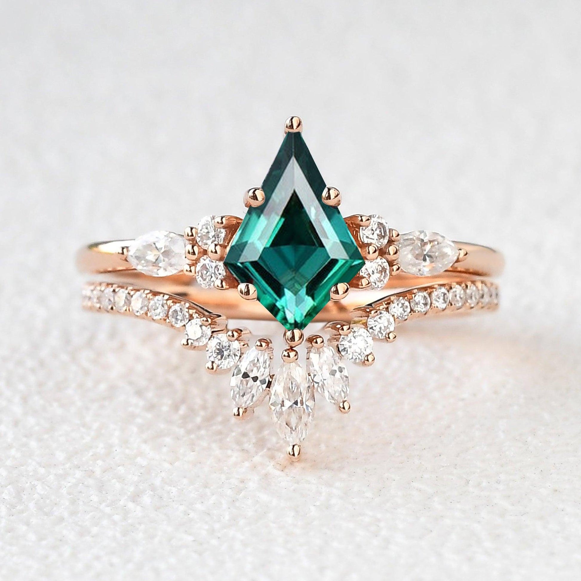 Adela’s Promise | Kite Cut Moss Agate Three Stone Engagement Ring Set 2pcs.