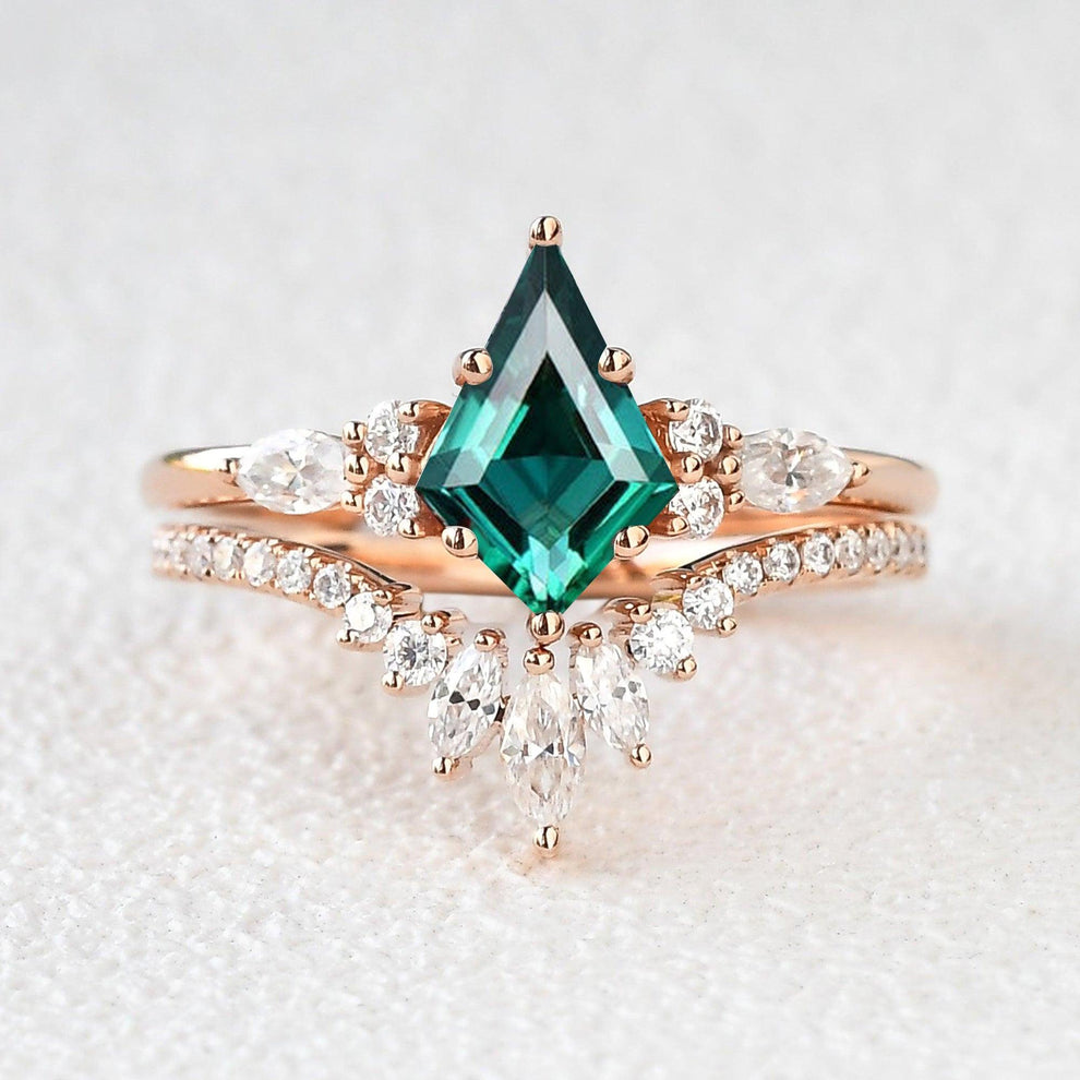 Adela’s Promise | Kite Cut Moss Agate Three Stone Engagement Ring Set 2pcs.