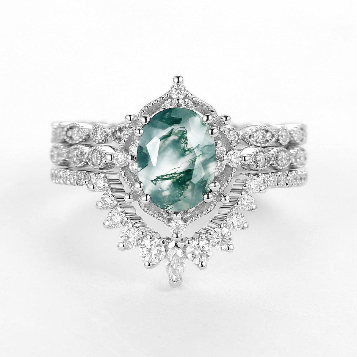 1.5ct Moss Agate Signature Vintage White Gold Ring Set 3pcs.