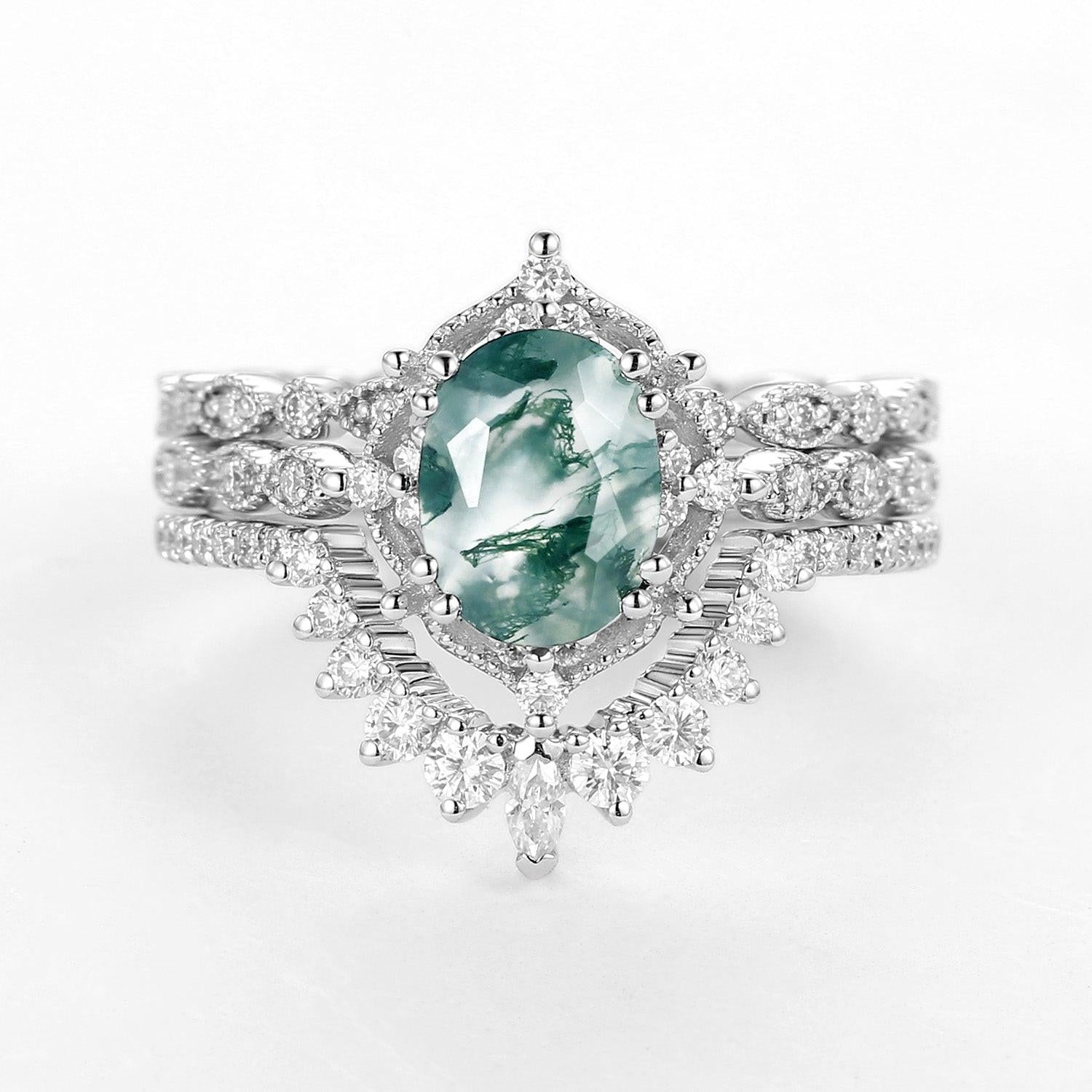 1.5ct Moss Agate Signature Vintage White Gold Ring Set 3pcs.
