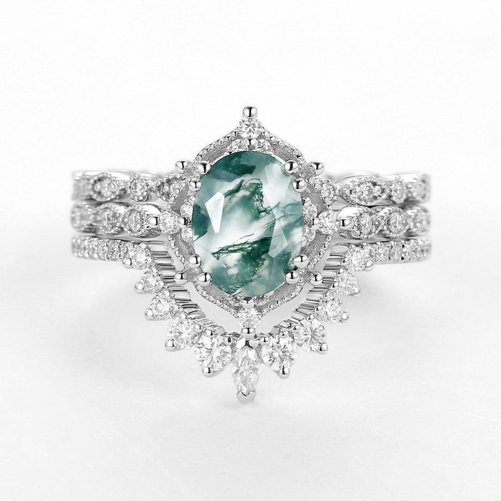 1.5ct Moss Agate Signature Vintage White Gold Ring Set 3pcs.