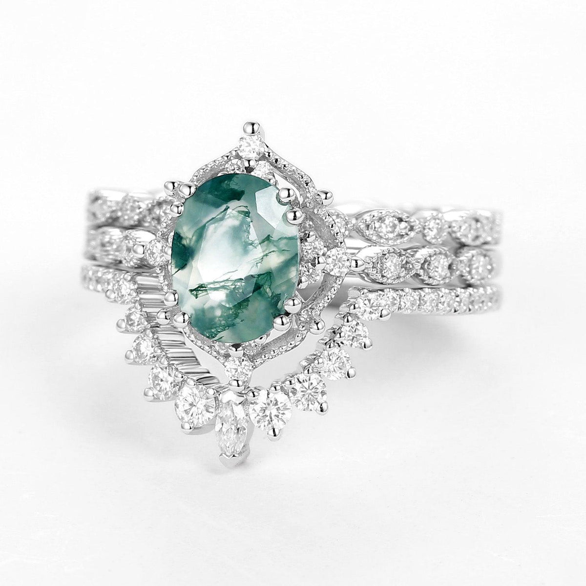 1.5ct Moss Agate Signature Vintage White Gold Ring Set 3pcs.