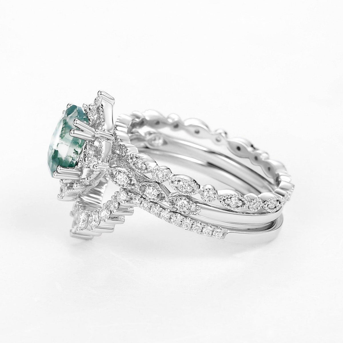 1.5ct Moss Agate Signature Vintage White Gold Ring Set 3pcs.