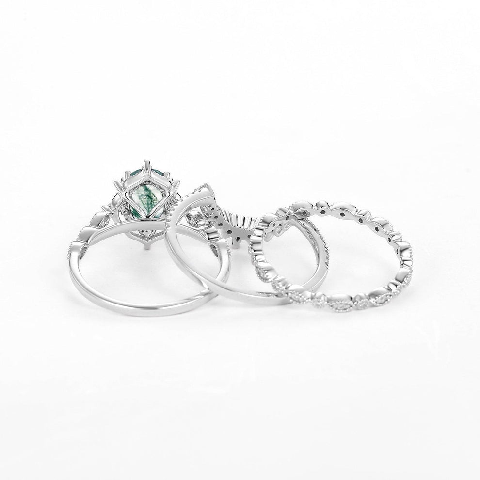 1.5ct Moss Agate Signature Vintage White Gold Ring Set 3pcs.