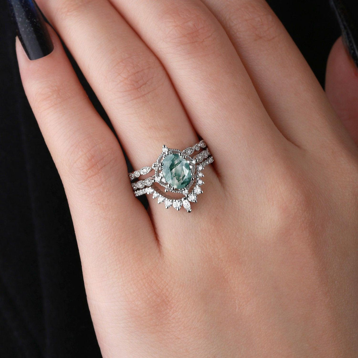 1.5ct Moss Agate Signature Vintage White Gold Ring Set 3pcs.