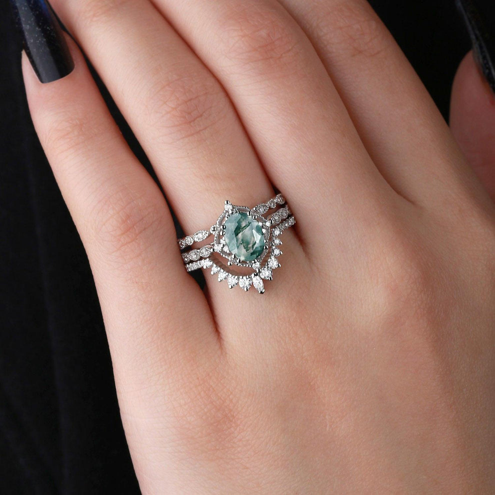 1.5ct Moss Agate Signature Vintage White Gold Ring Set 3pcs.