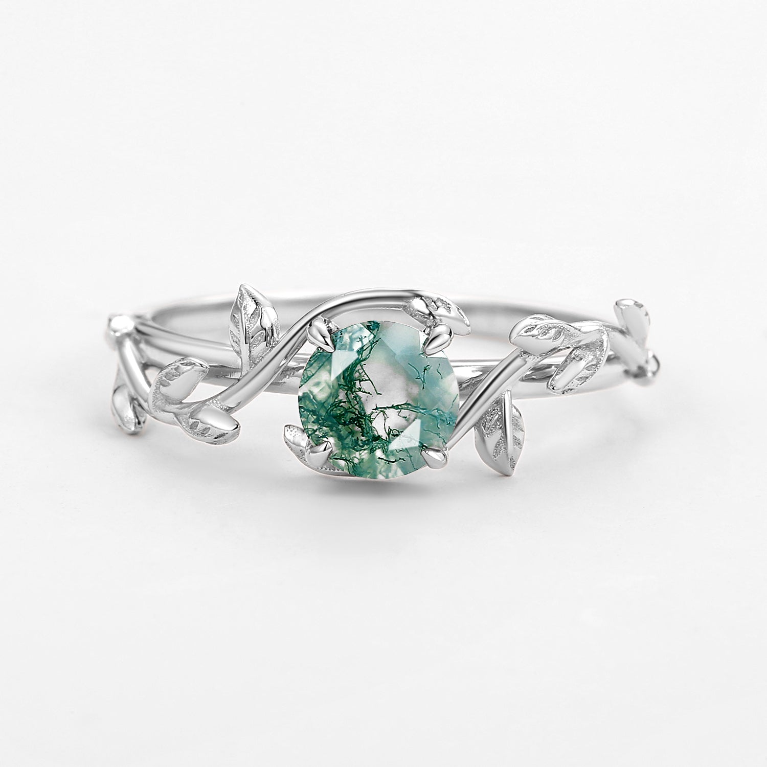 Flora’s Vine | Round Moss Agate Leaf Engagement Ring