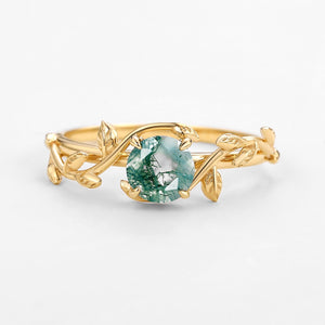 Flora’s Vine | Round Moss Agate Leaf Engagement Ring