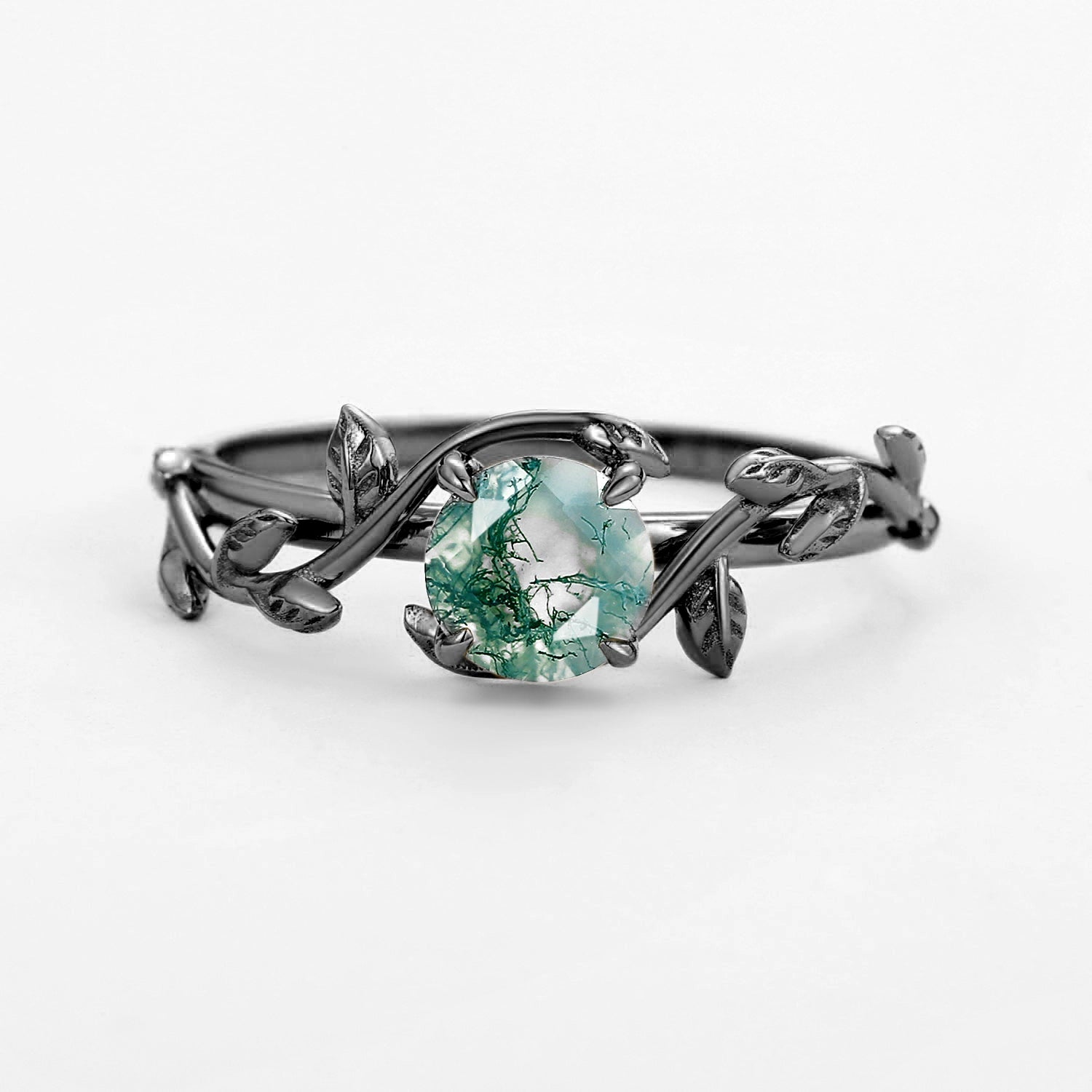 Flora’s Vine | Round Moss Agate Leaf Engagement Ring