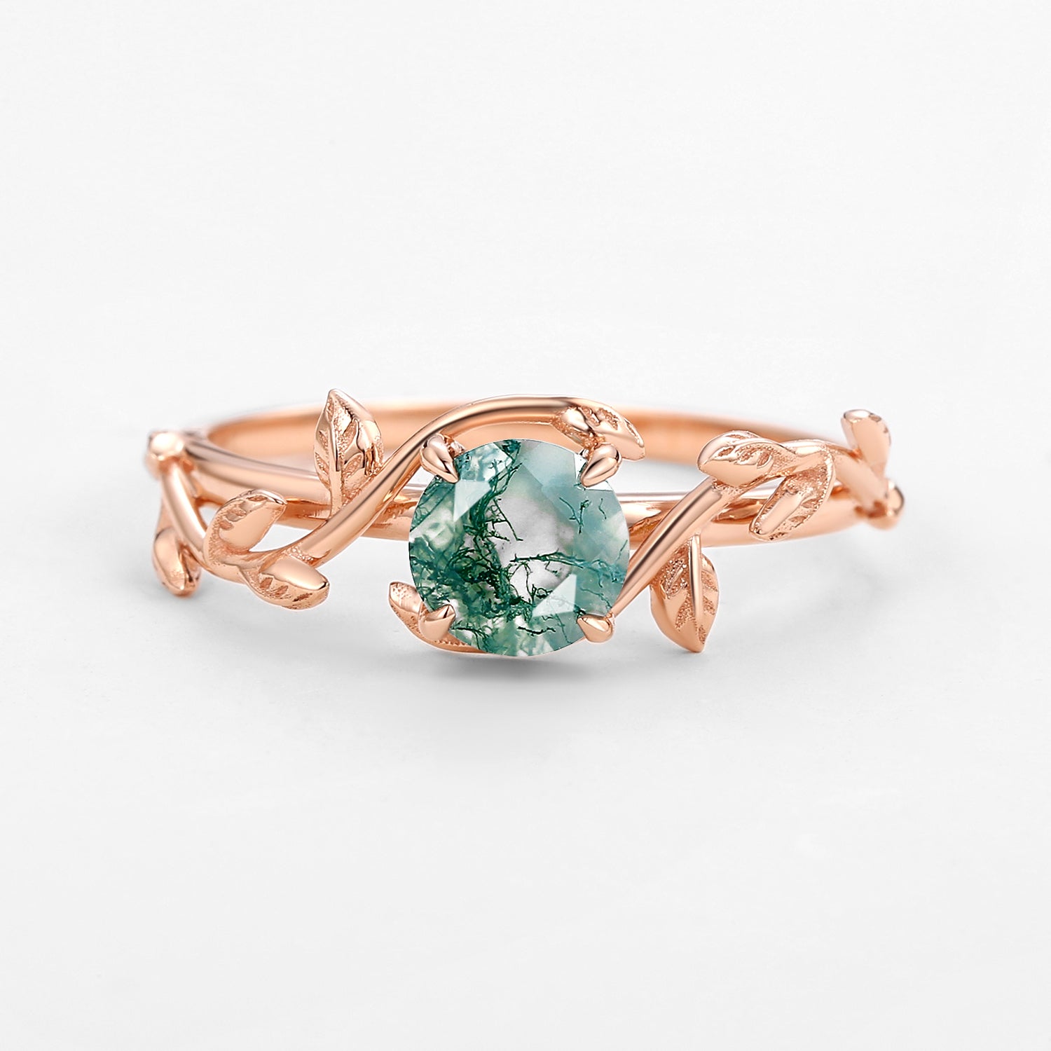 Flora’s Vine | Round Moss Agate Leaf Engagement Ring