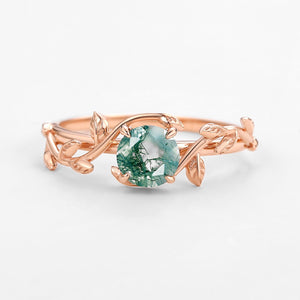 Flora’s Vine | Round Moss Agate Leaf Engagement Ring