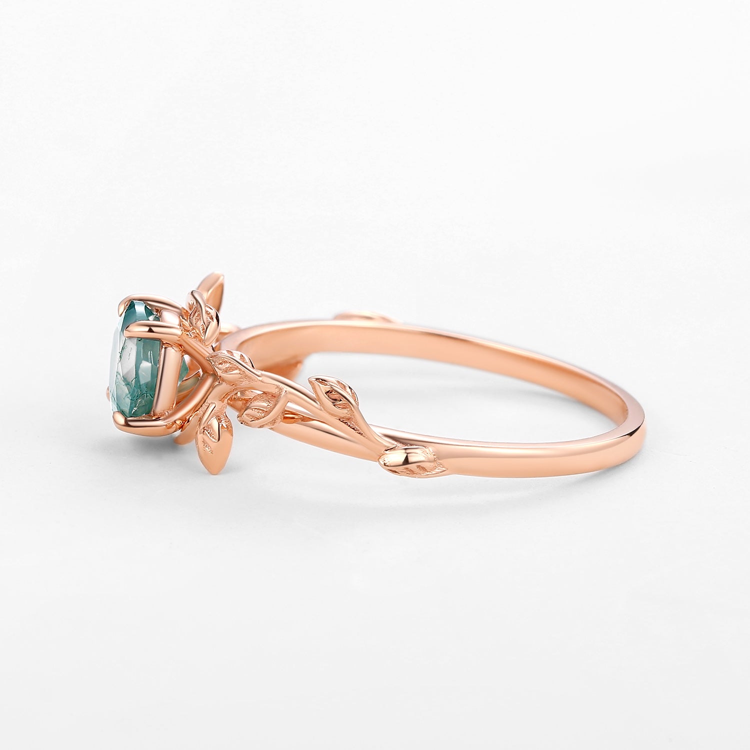 Flora’s Vine | Round Moss Agate Leaf Engagement Ring