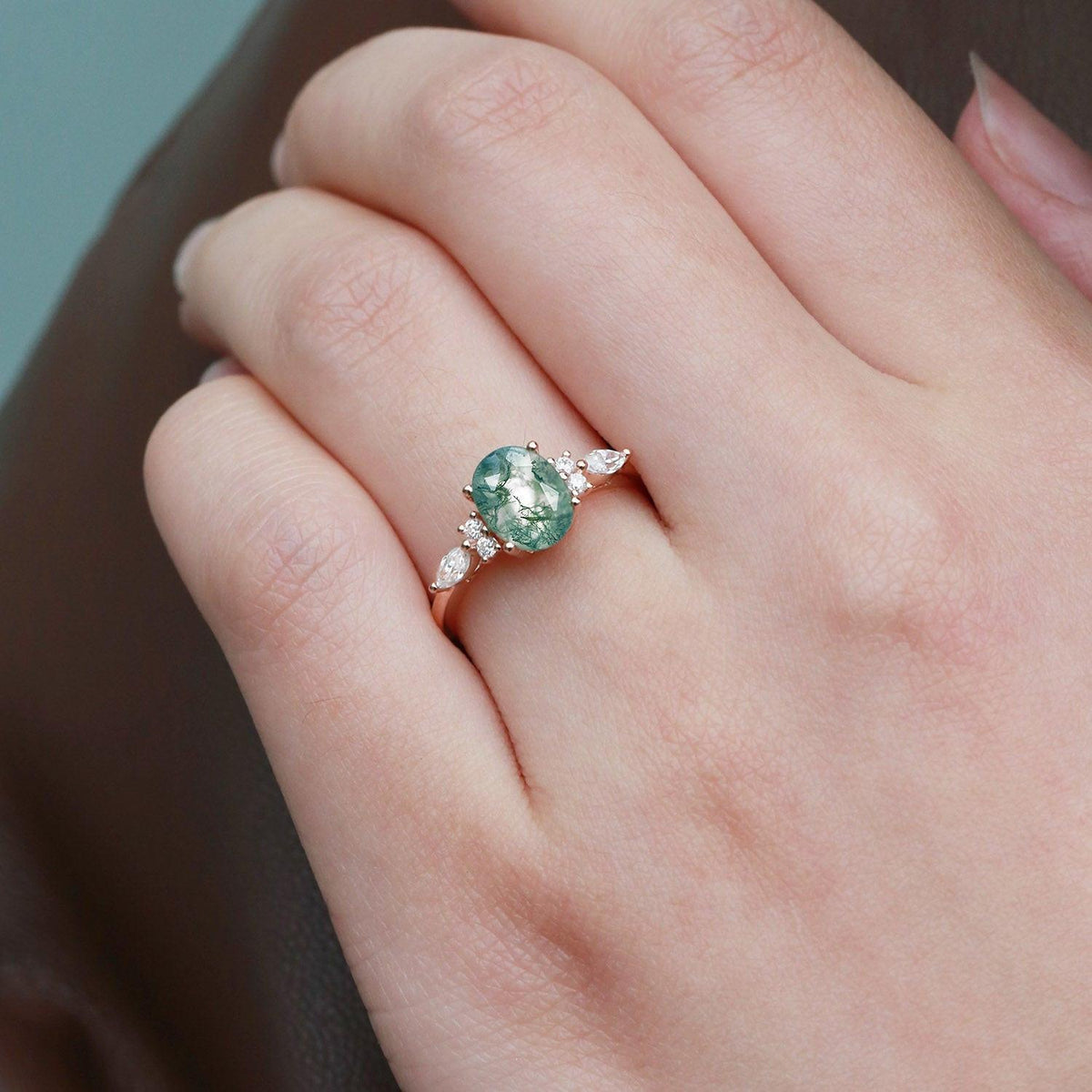Oval Moss Agate Classic Engagement Ring.