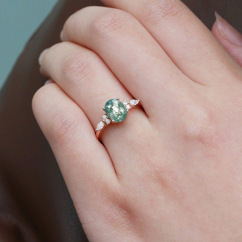 Oval Moss Agate Classic Engagement Ring.