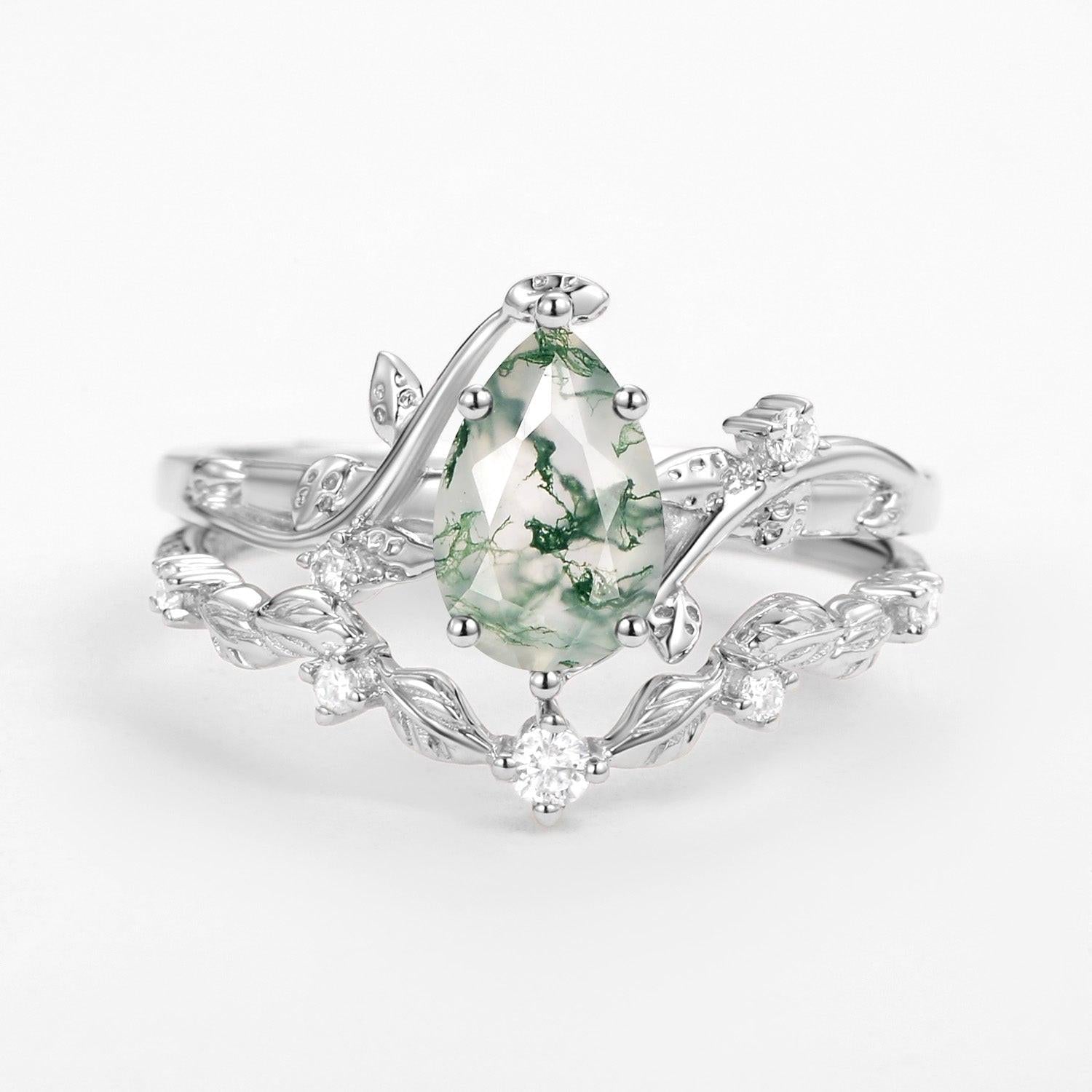 Ashley Vine Leafy Pear Cut Moss Agate Engagement Ring Sets 2pcs.