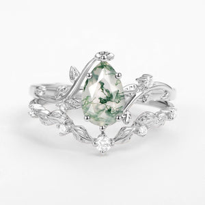 Ashley Vine Leafy Pear Cut Moss Agate Engagement Ring Sets 2pcs.