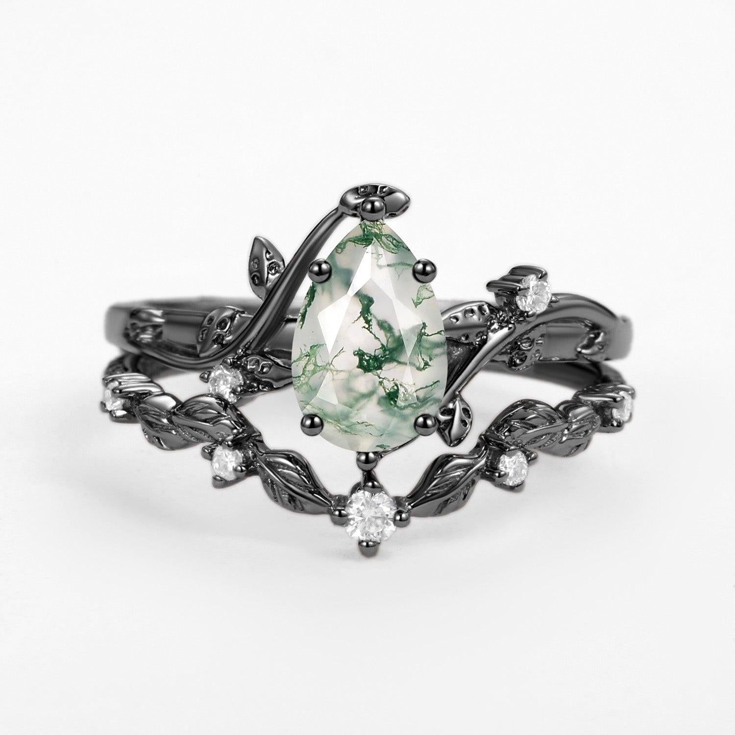 Ashley Vine Leafy Pear Cut Moss Agate Engagement Ring Sets 2pcs.