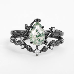 Ashley Vine Leafy Pear Cut Moss Agate Engagement Ring Sets 2pcs.