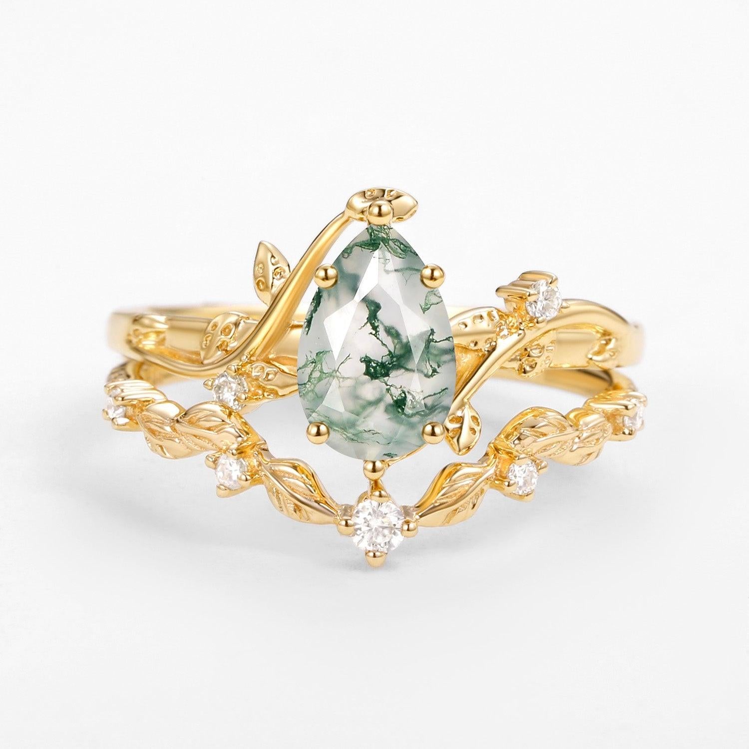Ashley Vine Leafy Pear Cut Moss Agate Engagement Ring Sets 2pcs.