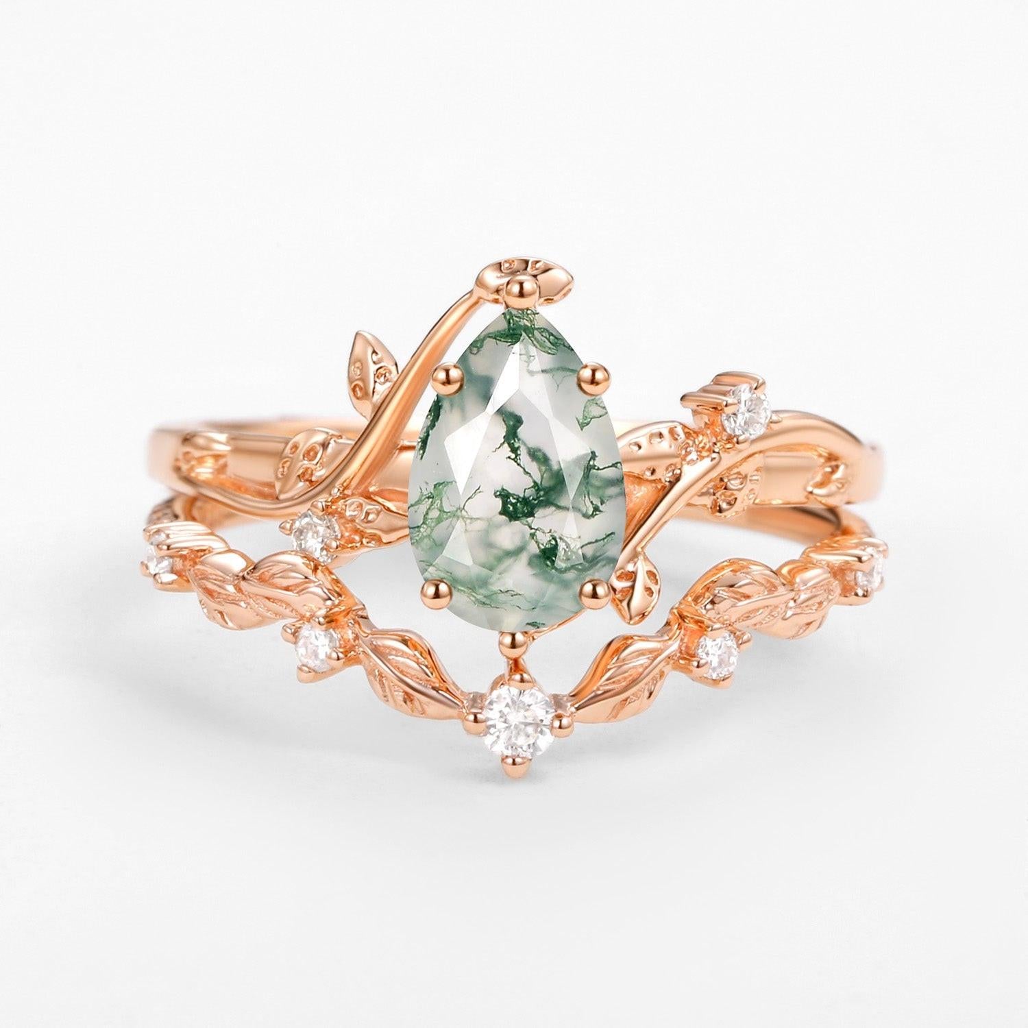 Ashley Vine Leafy Pear Cut Moss Agate Engagement Ring Sets 2pcs.