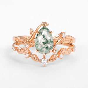 Ashley Vine Leafy Pear Cut Moss Agate Engagement Ring Sets 2pcs.
