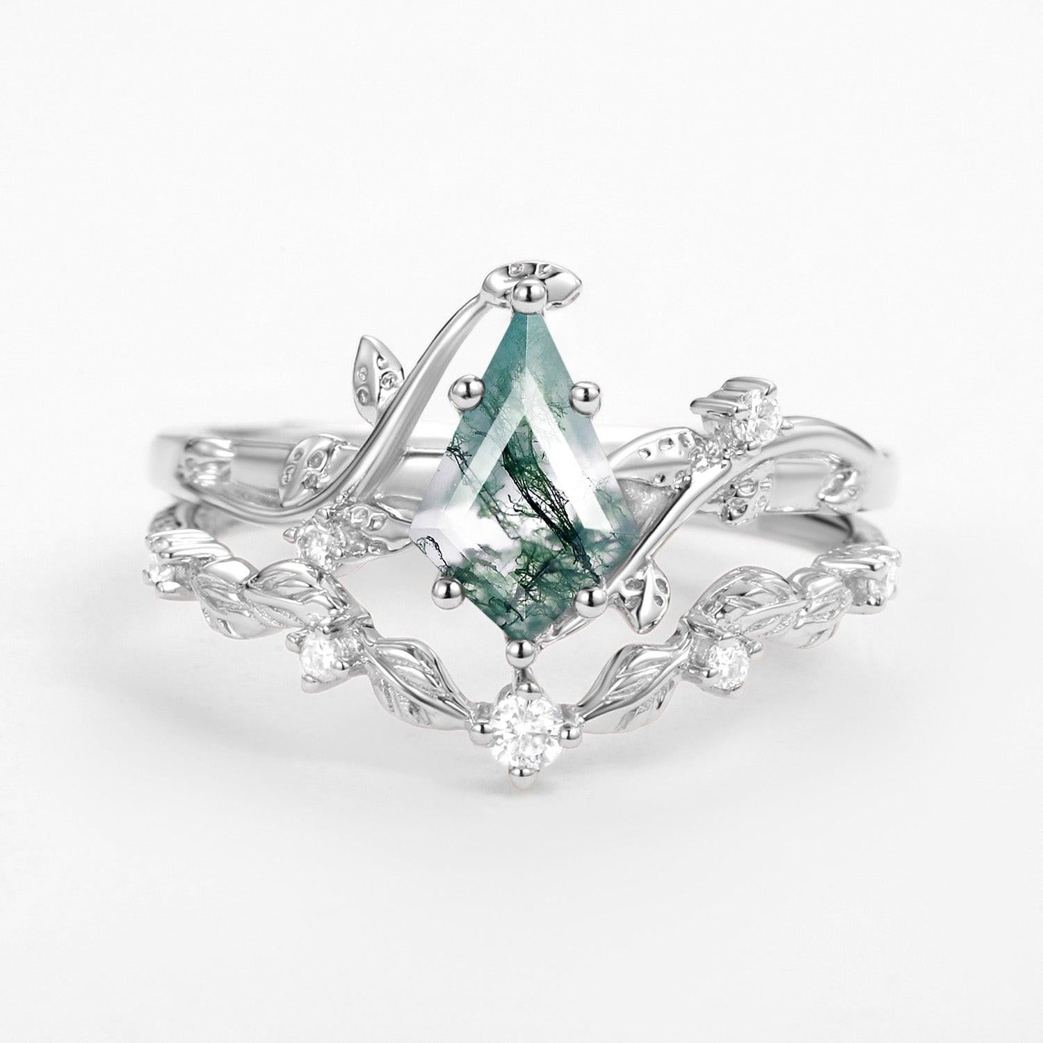 Ashley Vine Leafy Kite Cut Moss Agate Engagement Ring Sets 2pcs.
