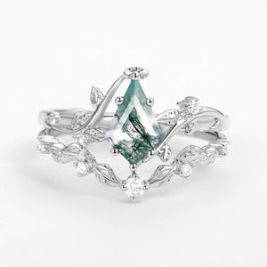 Ashley Vine Leafy Kite Cut Moss Agate Engagement Ring Sets 2pcs.