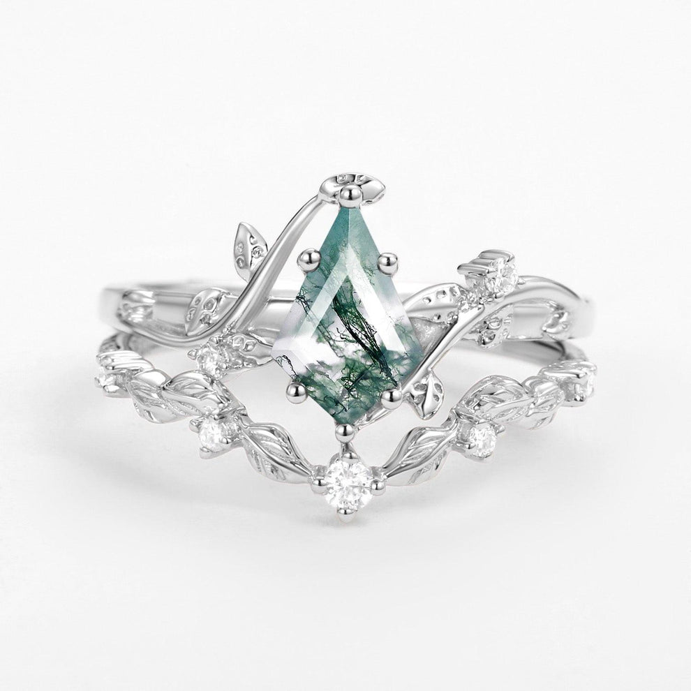 Ashley Vine Leafy Kite Cut Moss Agate Engagement Ring Sets 2pcs.