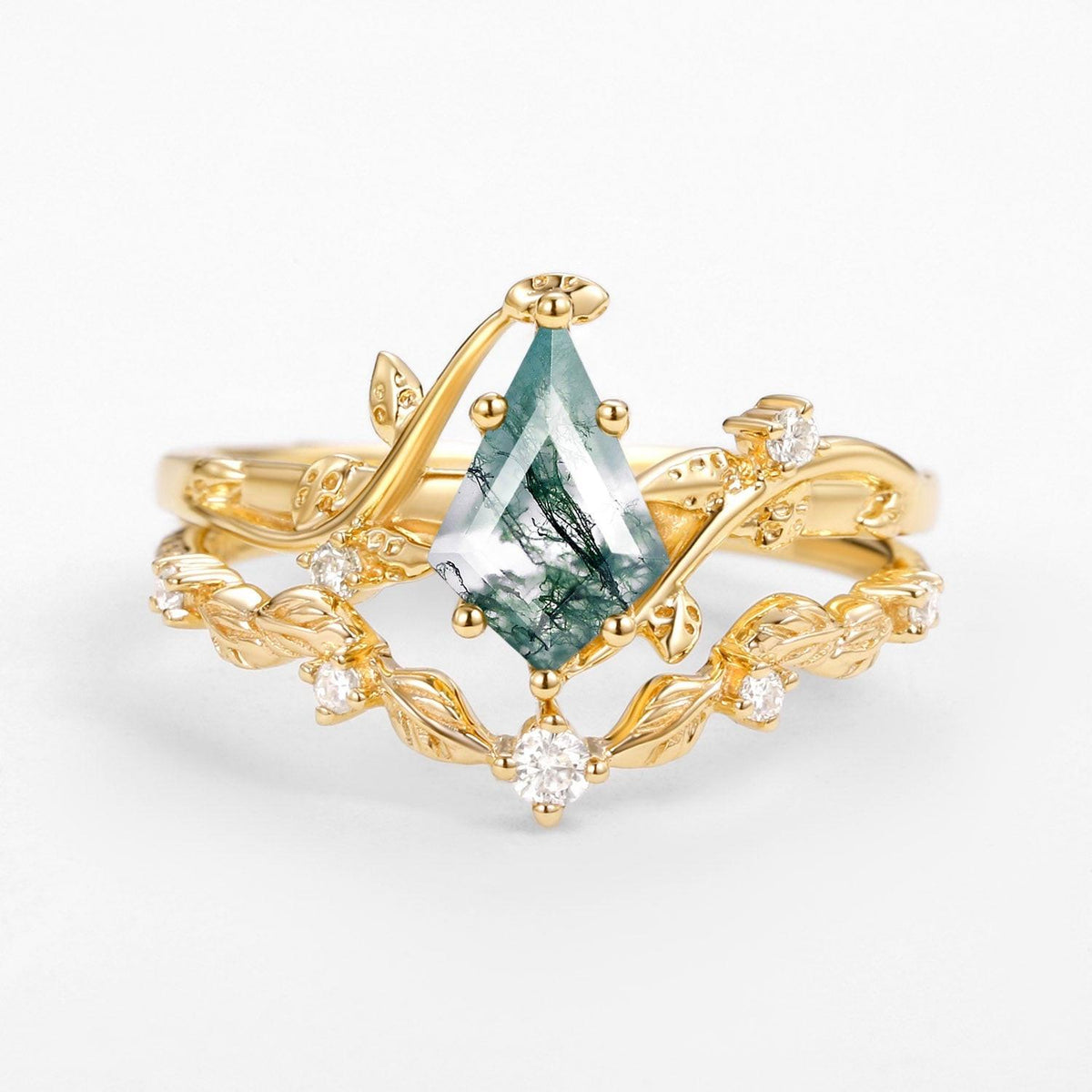 Ashley Vine Leafy Kite Cut Moss Agate Engagement Ring Sets 2pcs.