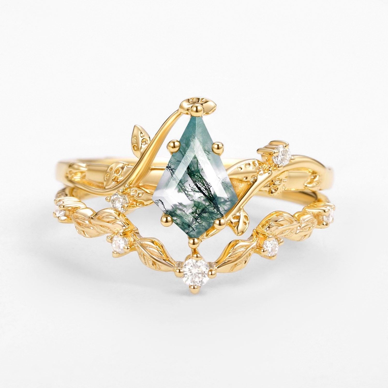 Ashley Vine Leafy Kite Cut Moss Agate Engagement Ring Sets 2pcs.