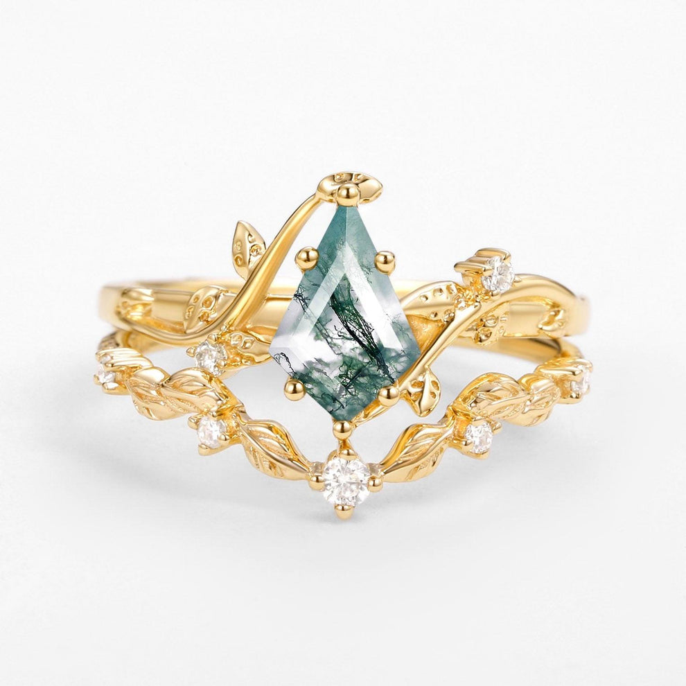 Ashley Vine Leafy Kite Cut Moss Agate Engagement Ring Sets 2pcs.
