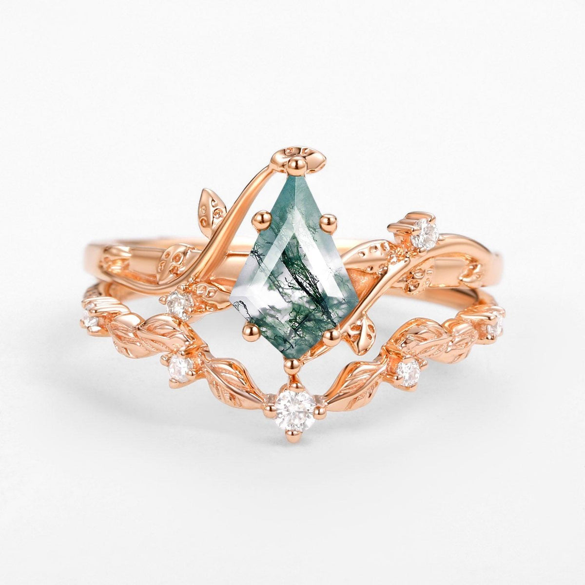 Ashley Vine Leafy Kite Cut Moss Agate Engagement Ring Sets 2pcs.